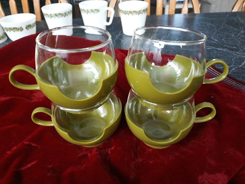 Vintage Pyrex Roly Poly Drink Ups Coffee Tea Cups Glass w/ Sleeves Avocado Green | eBay