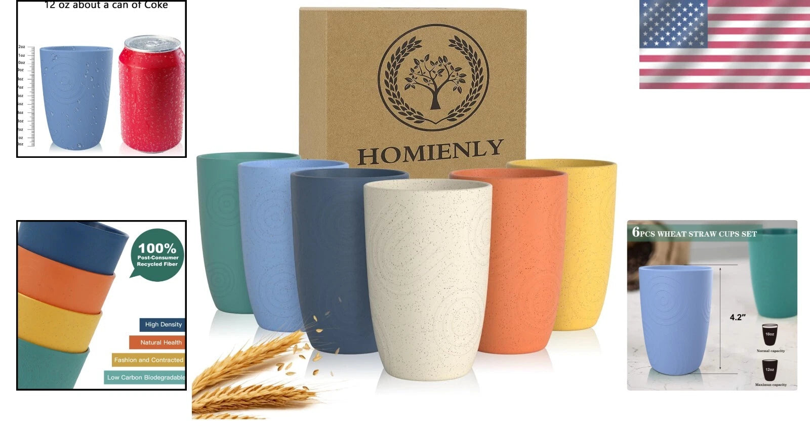 Unbreakable Wheat Straw Drinking Cups - 12oz Set of 6 Dishwasher Safe | eBay