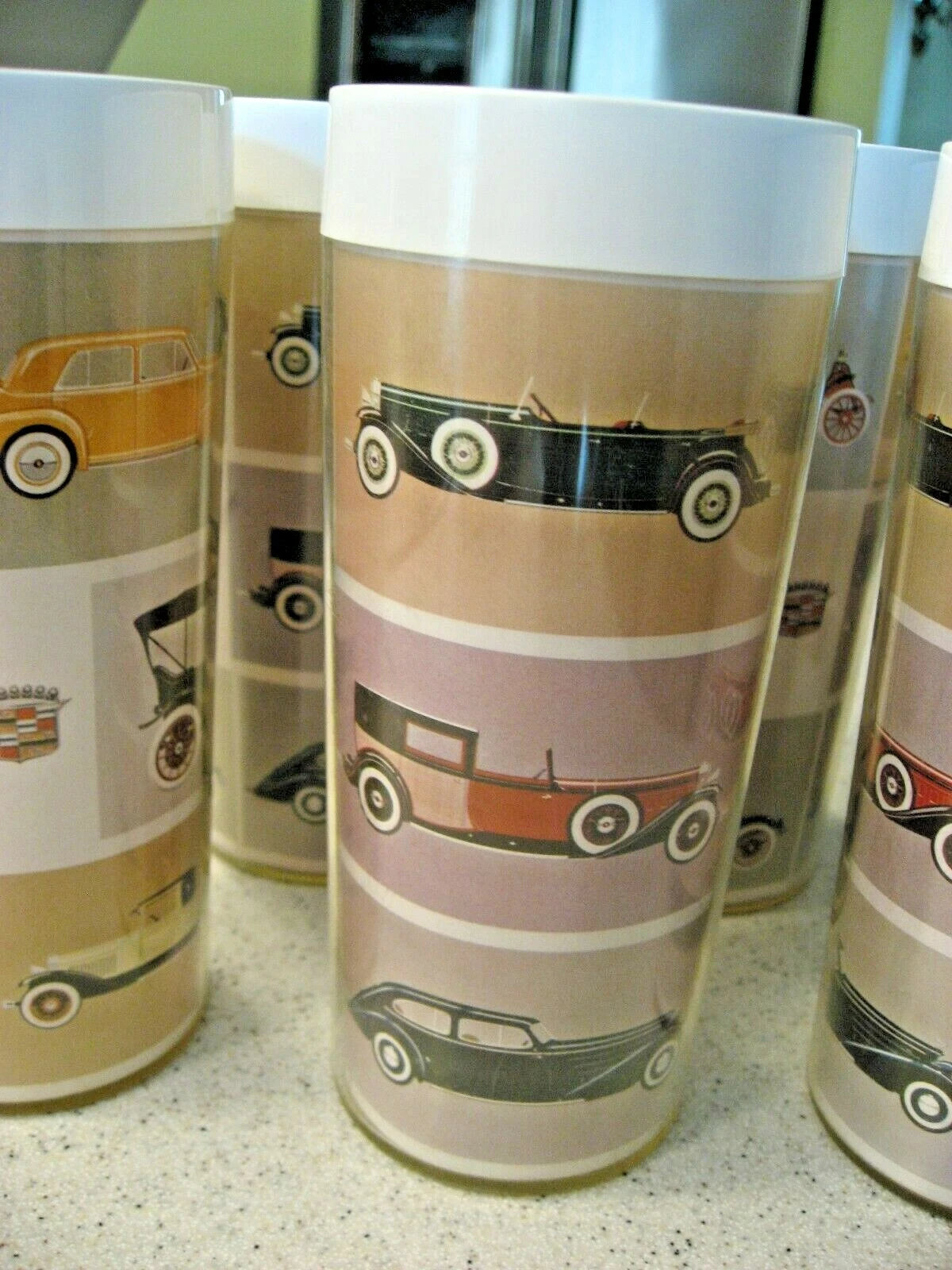 Vintage Lot of 6 Plastic Cadillac Cups Drinking Glasses Covered in Old Cadillacs | eBay