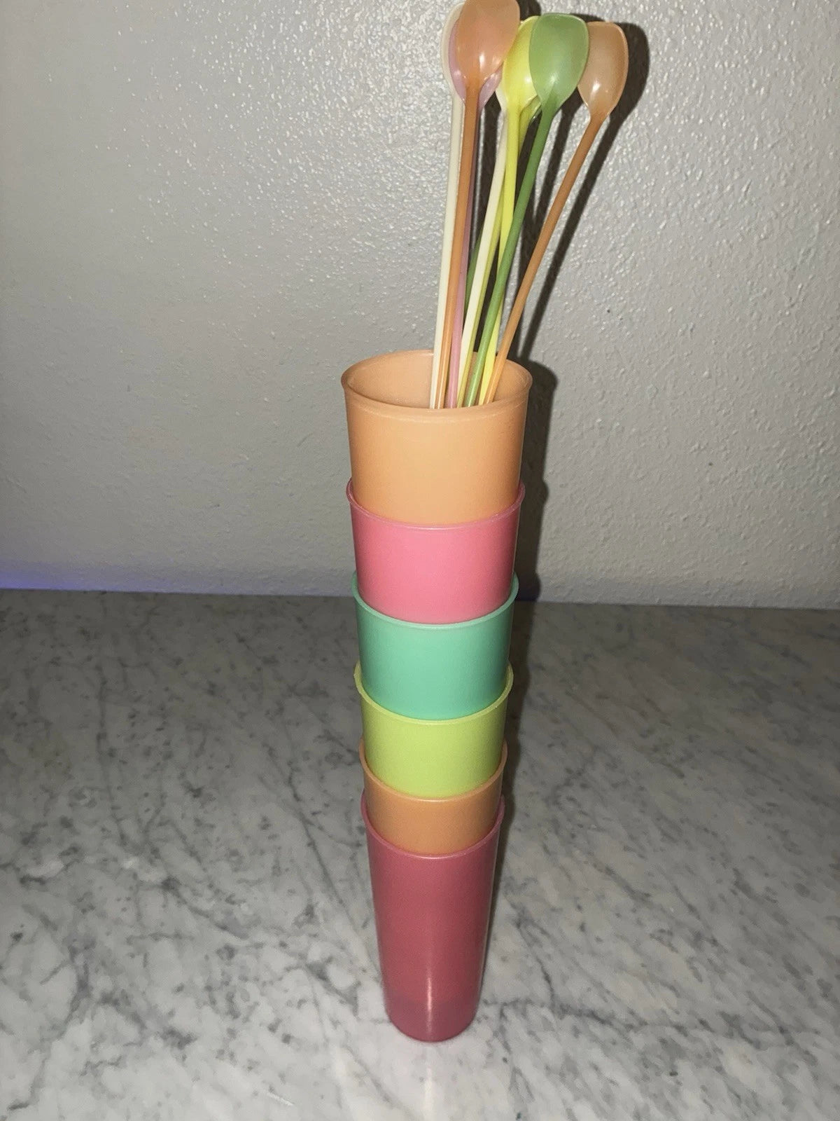 Vintage Tupperware Set Of 6 Tumblers Plastic Pastel Drinking Cups Spoon Set | eBay