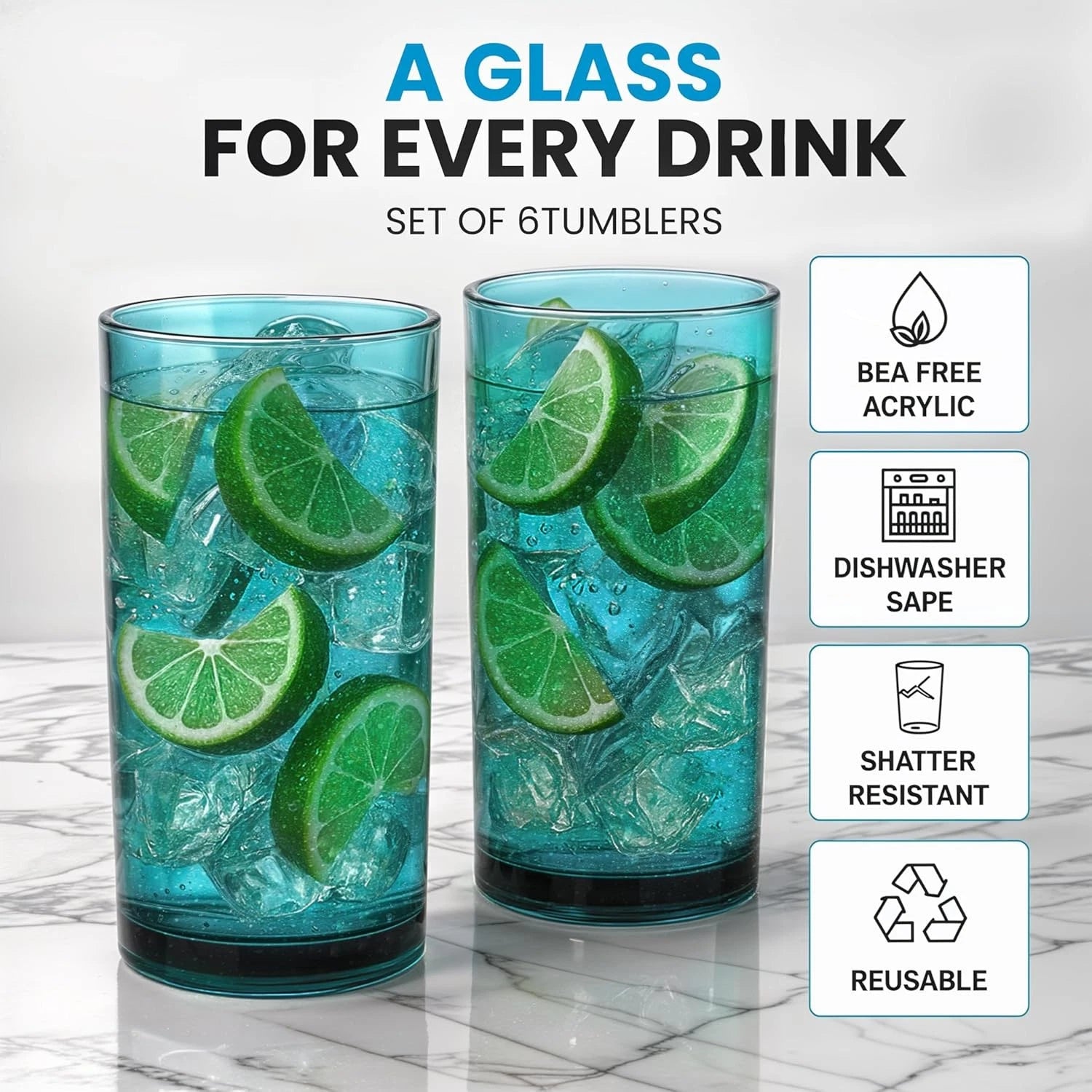 Zulay Kitchen Acrylic Glasses Drinkware - 6 Piece 6 - 24 oz, Turquoise | eBay