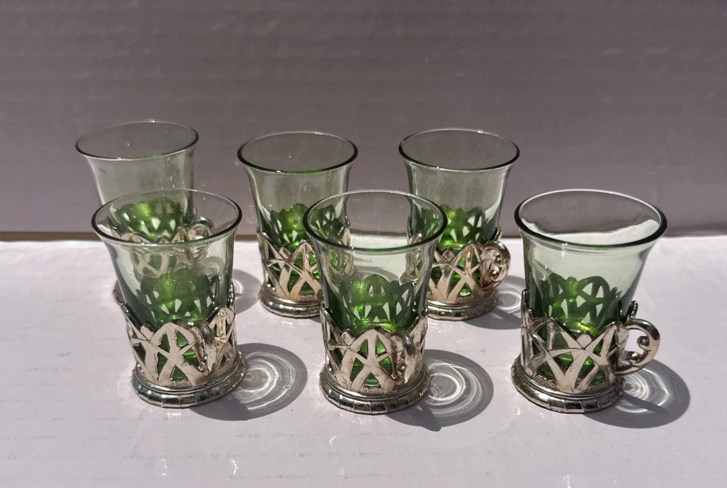 Set Of 6 Vintage Green Glass & Gold Plastic Handles Liqueur Cordial Glasses | eBay