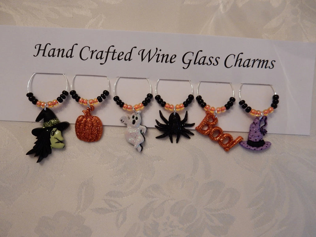 "HALLOWEEN GLITTER "Set of 6 hand crafted" Wine Glass Charm drink markers | eBay