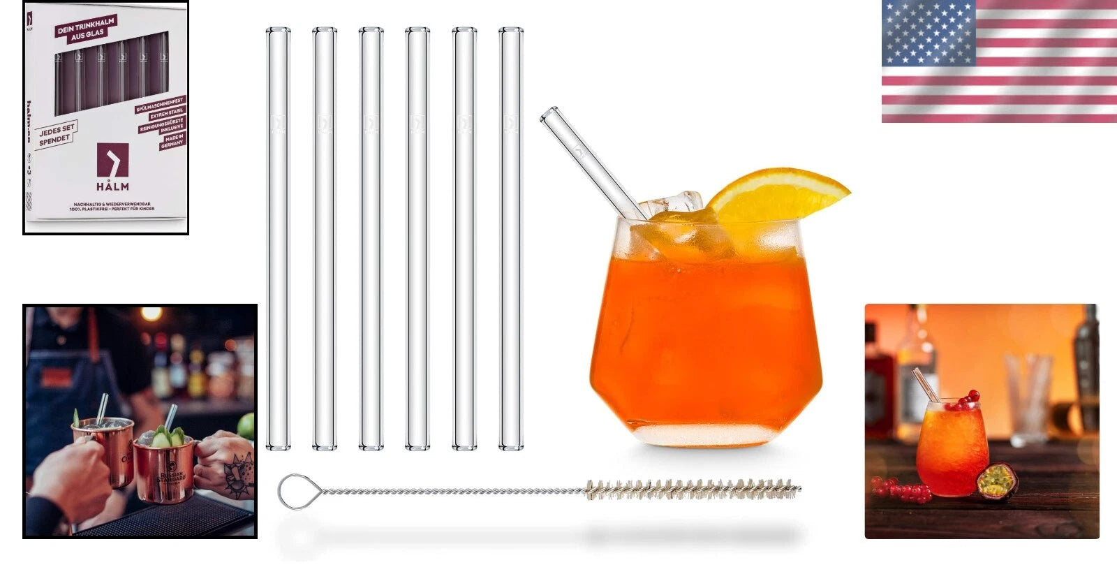 Set of 6 HALM Glass Drinking Straws - Short, Sturdy, Plastic-Free Cleaning Brush | eBay