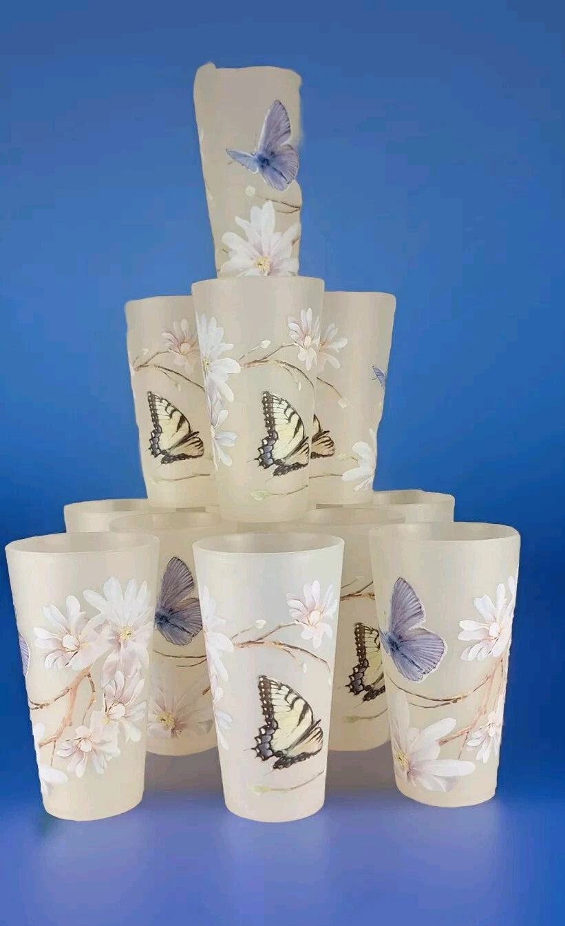 Drinkware 12 Pc Acrylic Set Frosted Tumblers Butterflies Flowers 12 Oz Summer | eBay