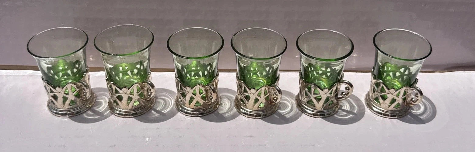 Set Of 6 Vintage Green Glass & Gold Plastic Handles Liqueur Cordial Glasses | eBay