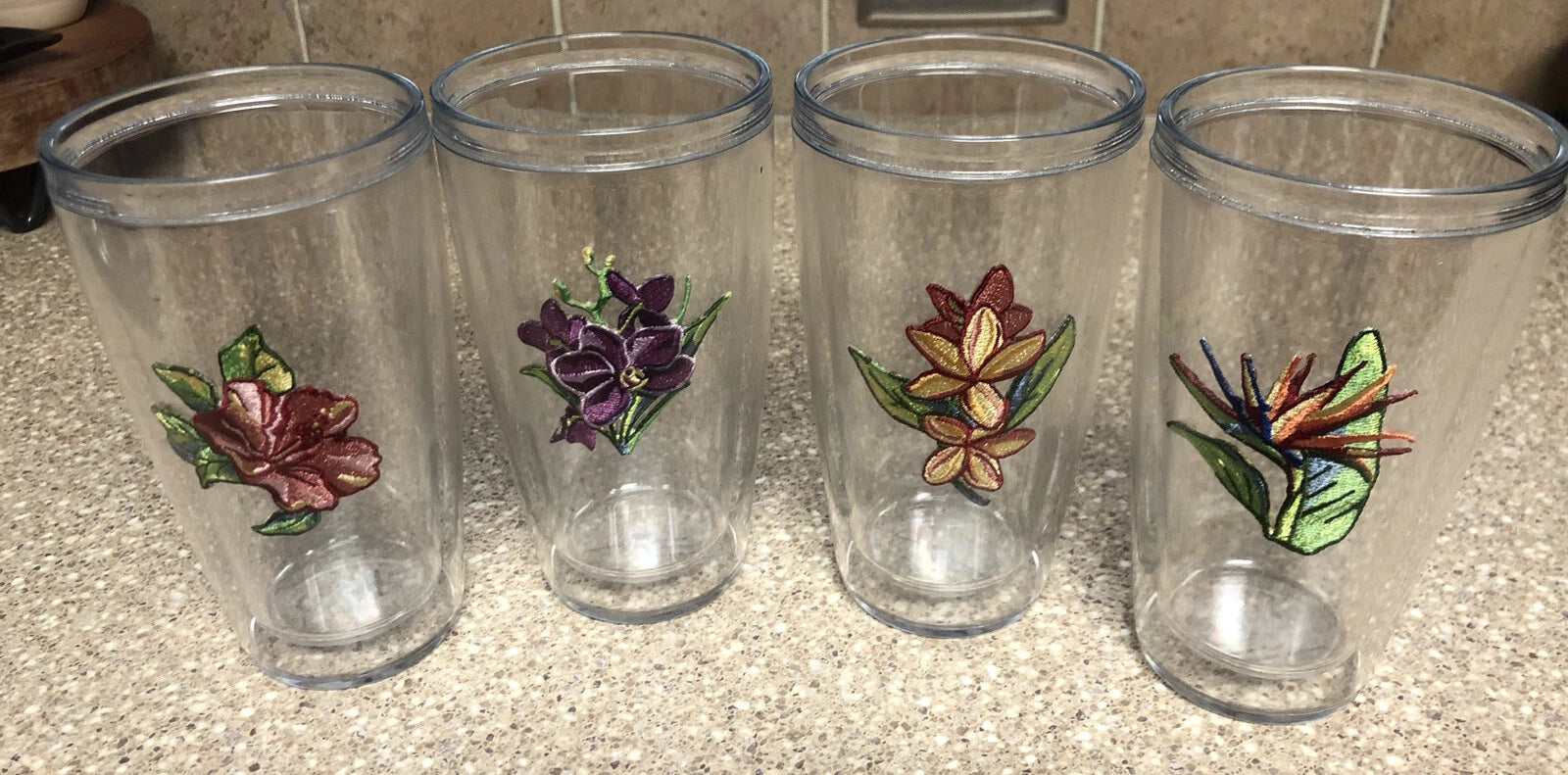 Unbreakable Insulated Plastic Drinking Cups Embroidered Tropical Flower Set of 4 | eBay