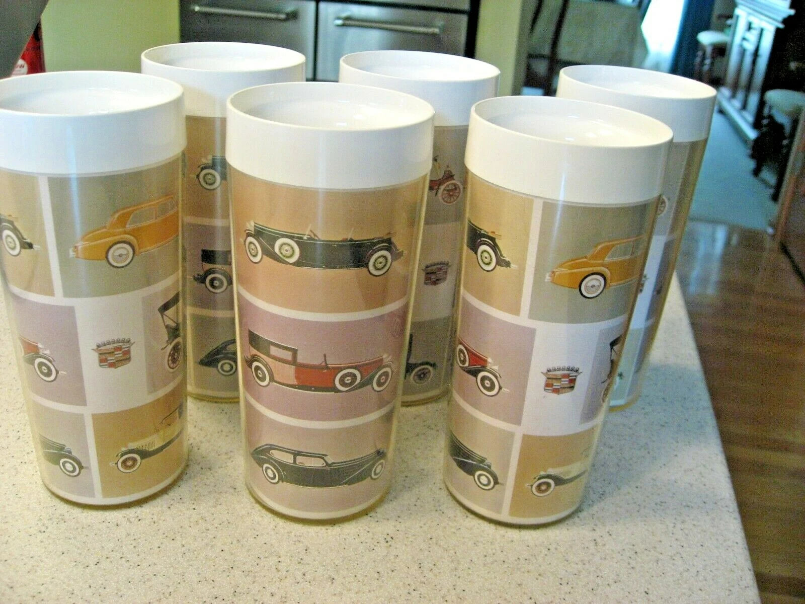Vintage Lot of 6 Plastic Cadillac Cups Drinking Glasses Covered in Old Cadillacs | eBay