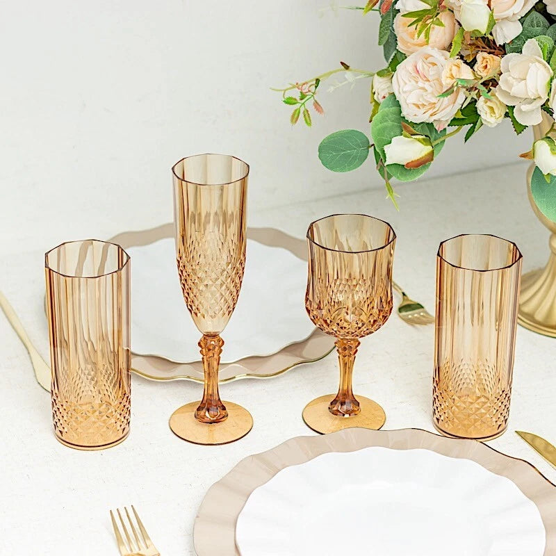 6 Amber Gold 14 oz Crystal Plastic Drinking Glasses Party Events Tableware | eBay
