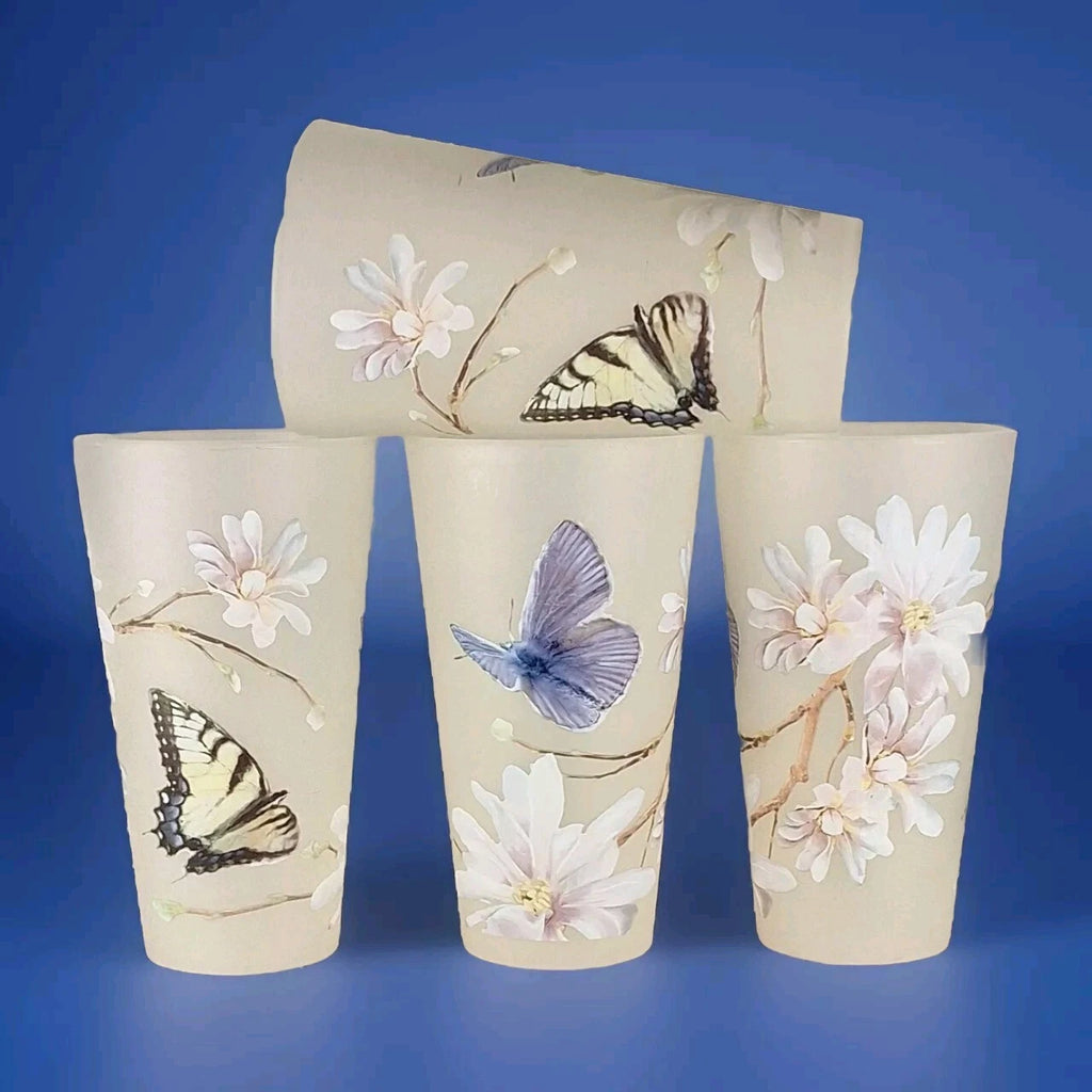 Drinkware 12 Pc Acrylic Set Frosted Tumblers Butterflies Flowers 12 Oz Summer | eBay