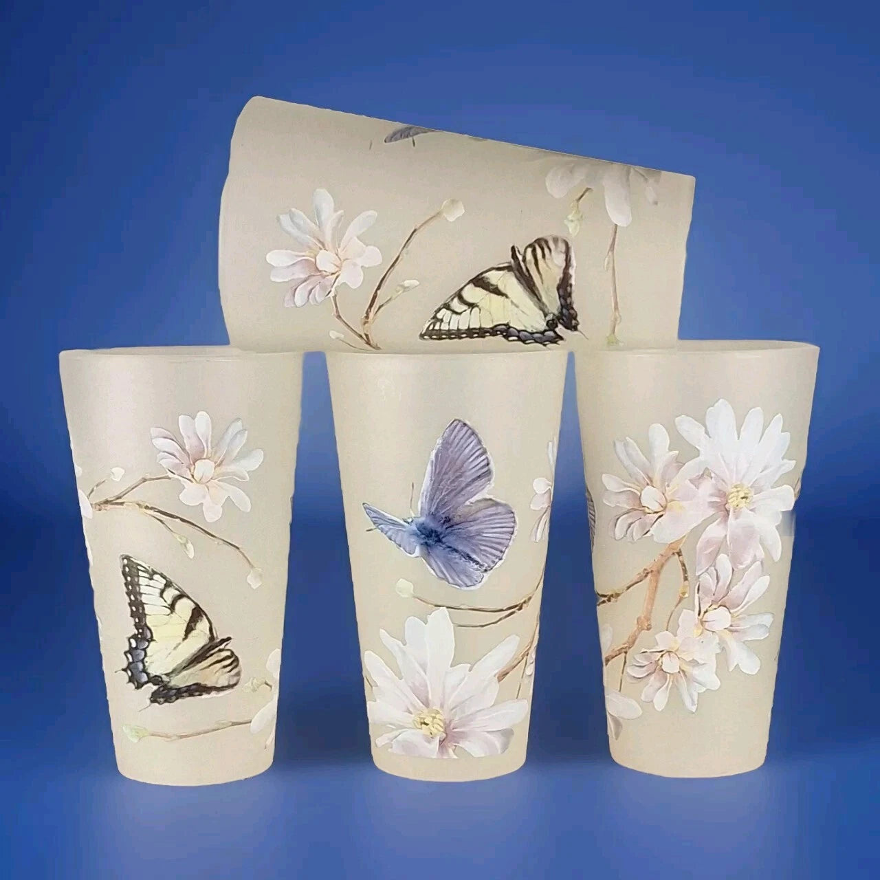 Drinkware 12 Pc Acrylic Set Frosted Tumblers Butterflies Flowers 12 Oz Summer | eBay