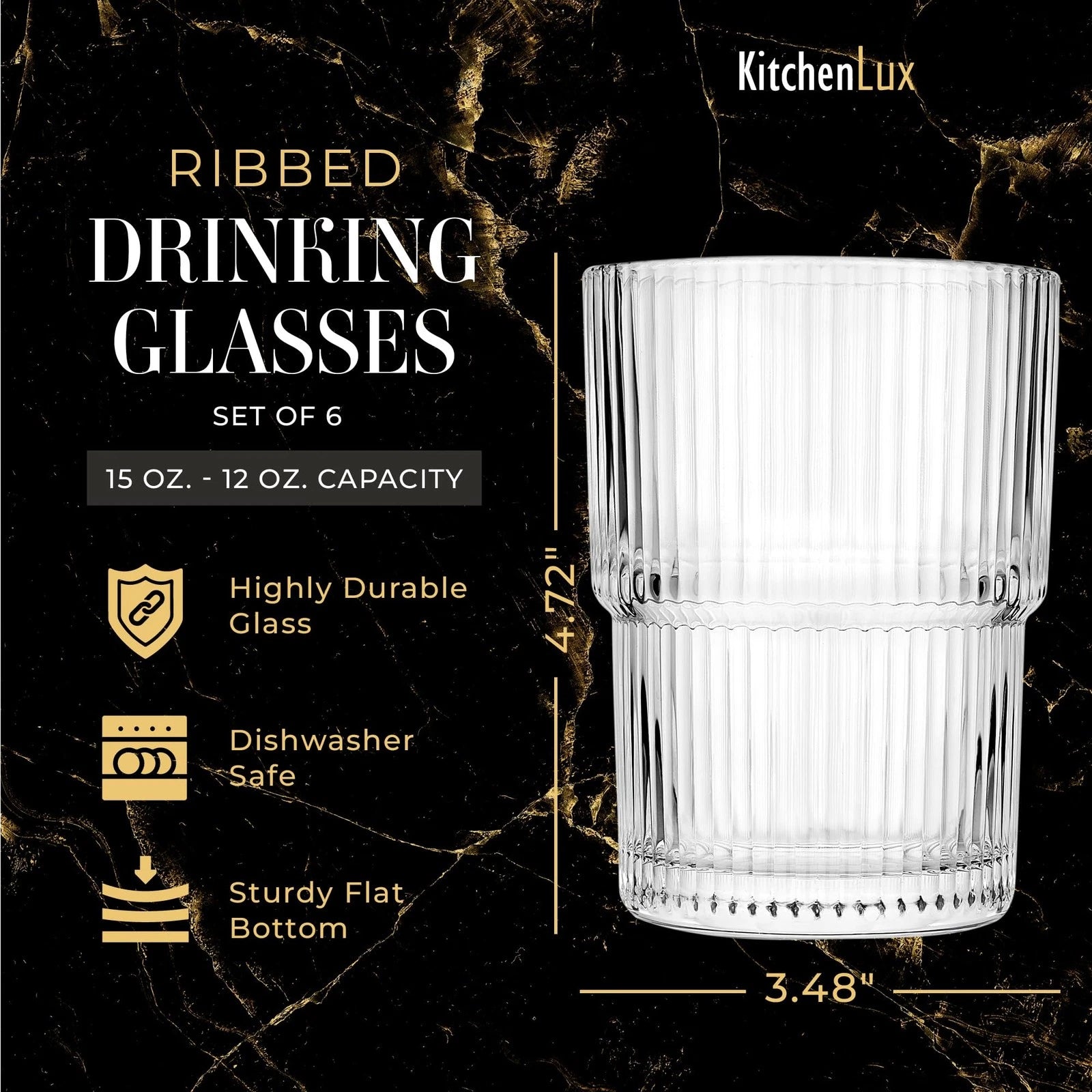 Ribbed Drinking Glasses - Ribbed Glass Cups 15 oz - Ribbed Glassware Set of 6... | eBay