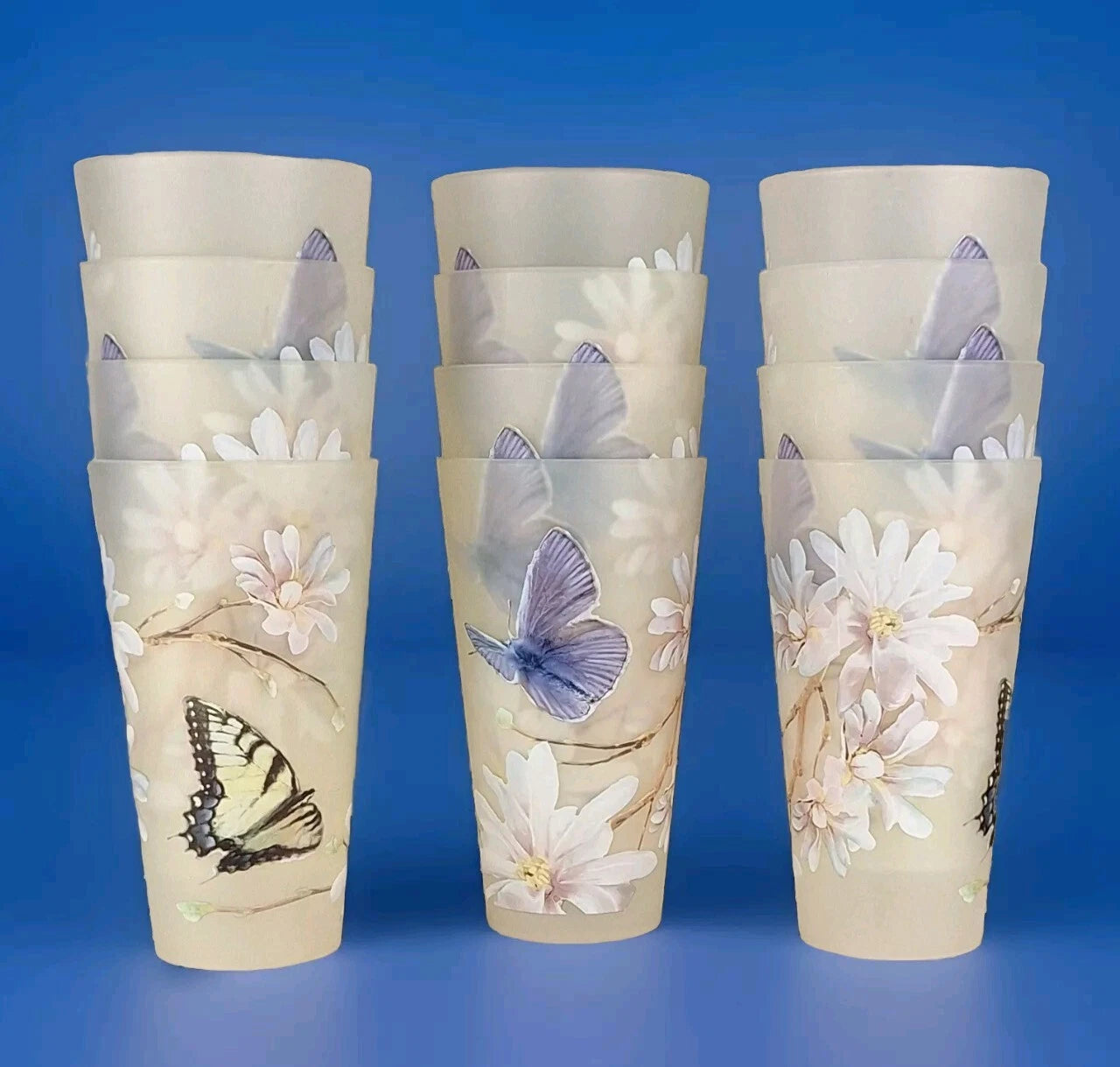 Drinkware 12 Pc Acrylic Set Frosted Tumblers Butterflies Flowers 12 Oz Summer | eBay