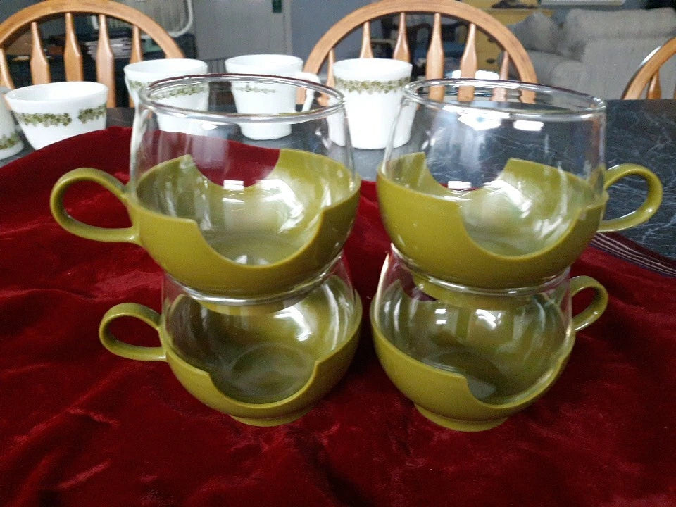 Vintage Pyrex Roly Poly Drink Ups Coffee Tea Cups Glass w/ Sleeves Avocado Green | eBay