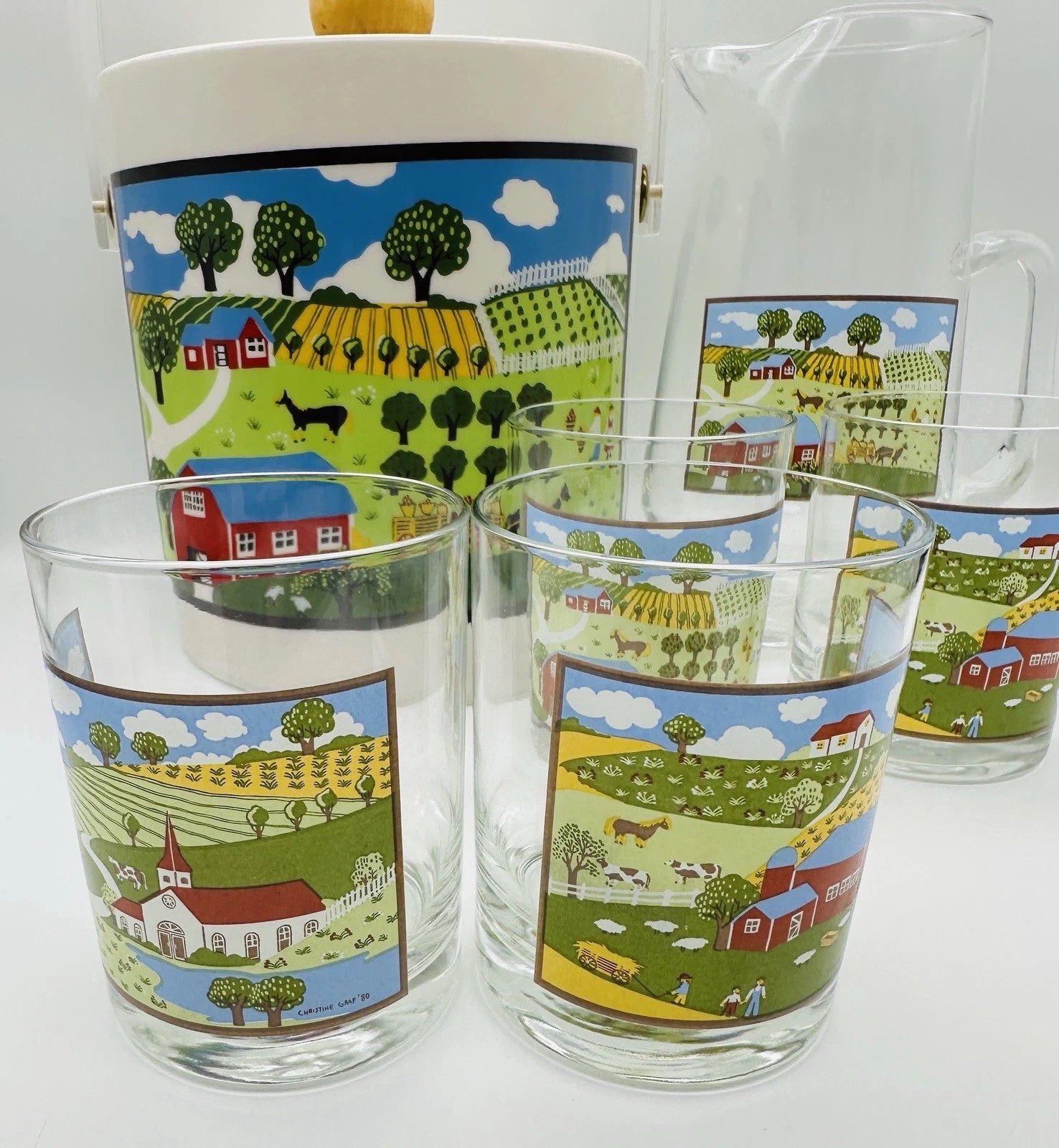 Rare Set Of Christine Graf Drinking Glasses Pitcher & Ice Bucket Cottage Decor | eBay