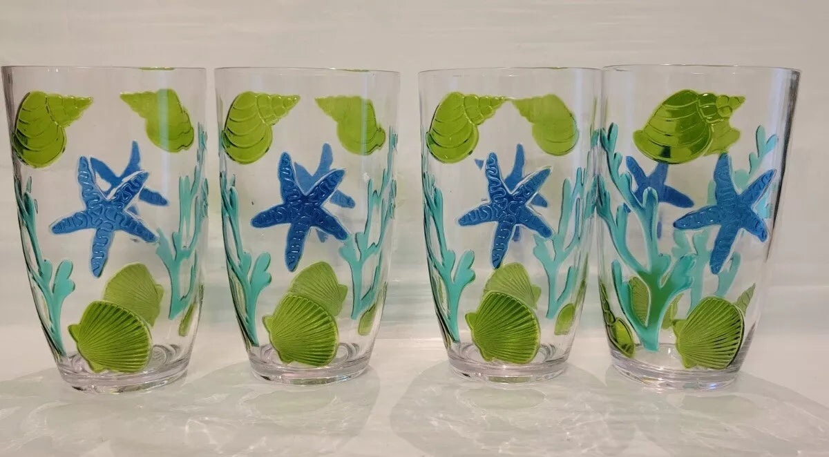 4ct Set Coastal Acrylic Tall Tumblers Seashells Drinking Cup Nautical Reef Blue | eBay