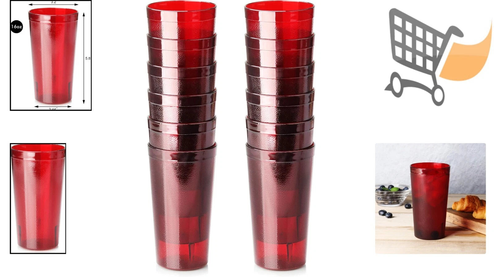 Red Restaurant-Grade Beverage Tumblers Set of 12 16 oz Durable Plastic | eBay