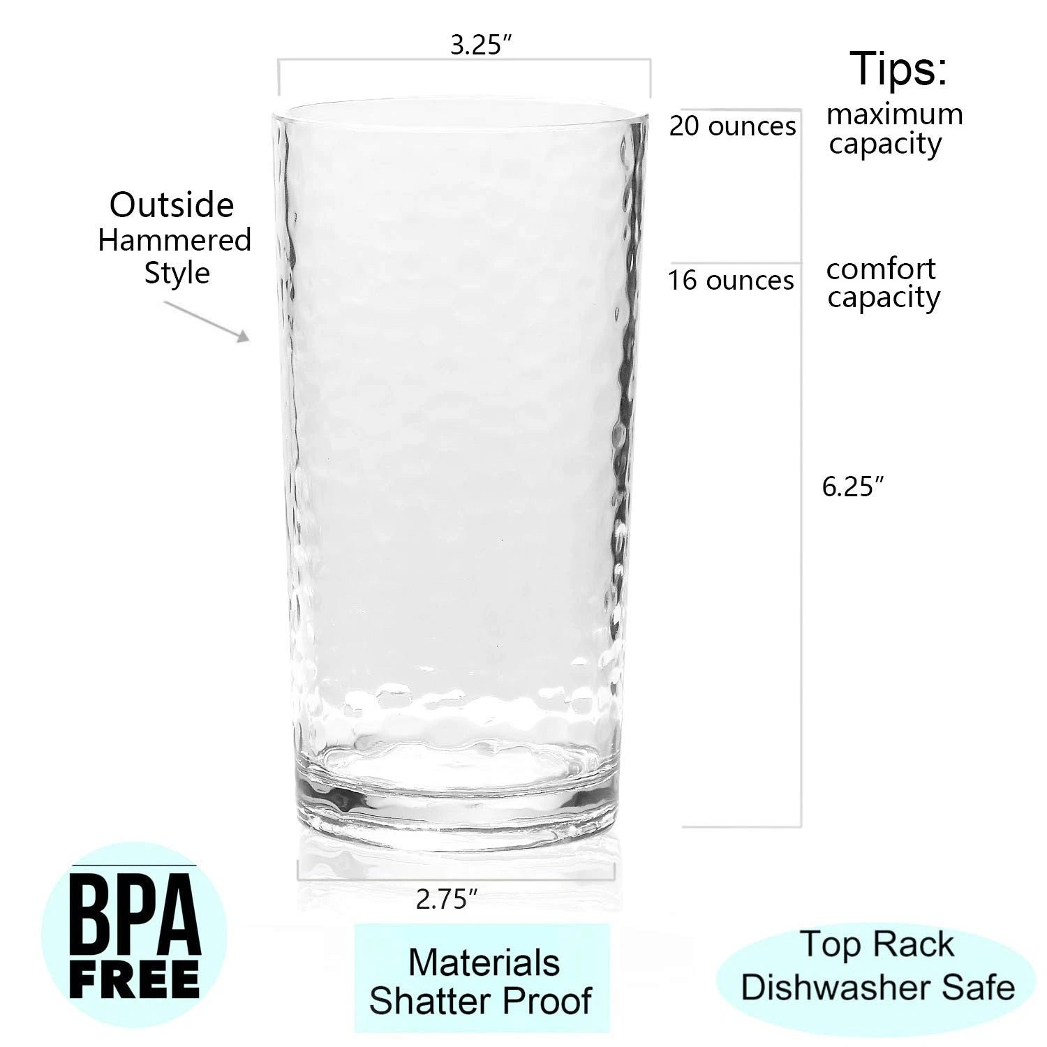 20-ounce Acrylic Glasses Plastic Tumbler, set of 6 Clear - Hammered Style, Di... | eBay