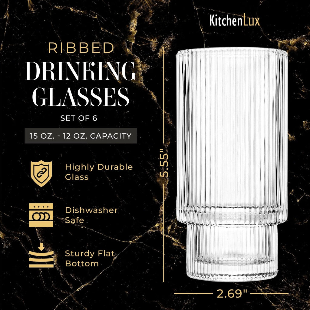 Ribbed Drinking Glasses - Ribbed Glass Cups 12 oz - Ribbed Glassware Set of 6... | eBay