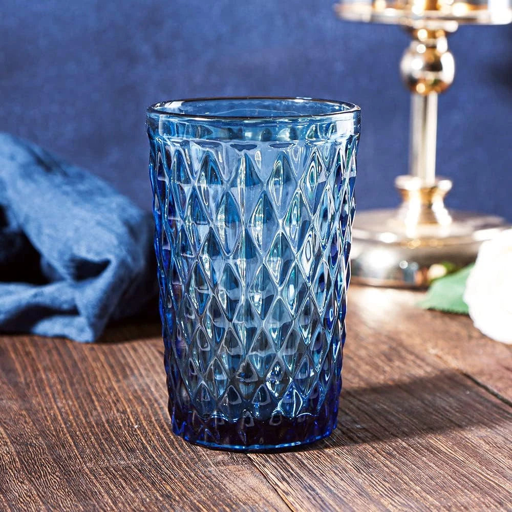 Blue Drinking Glass Set of 6 - Tumbler（12 Oz） Kitchen Glasses Diamond Glassware， | eBay
