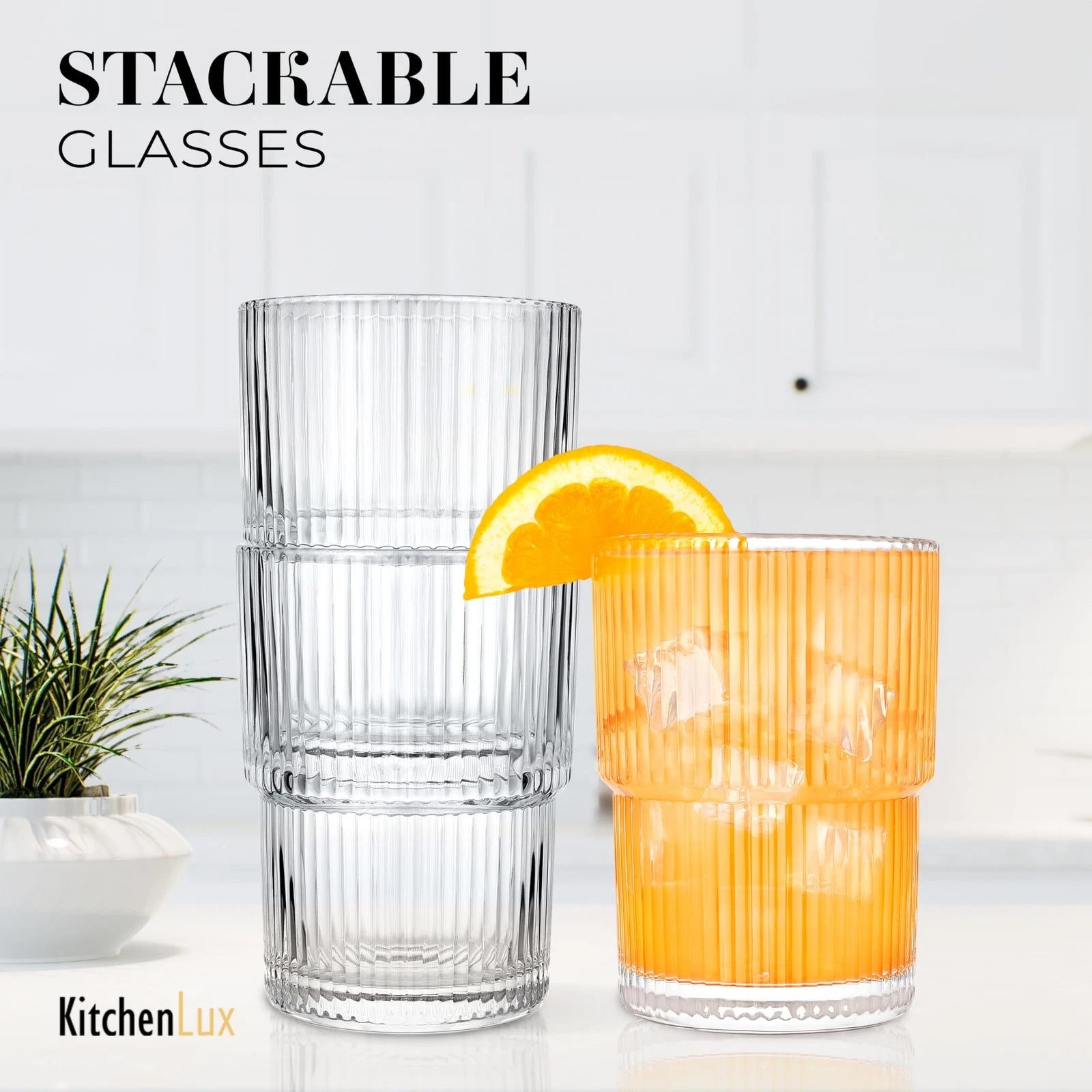 Ribbed Drinking Glasses - Ribbed Glass Cups 15 oz - Ribbed Glassware Set of 6... | eBay