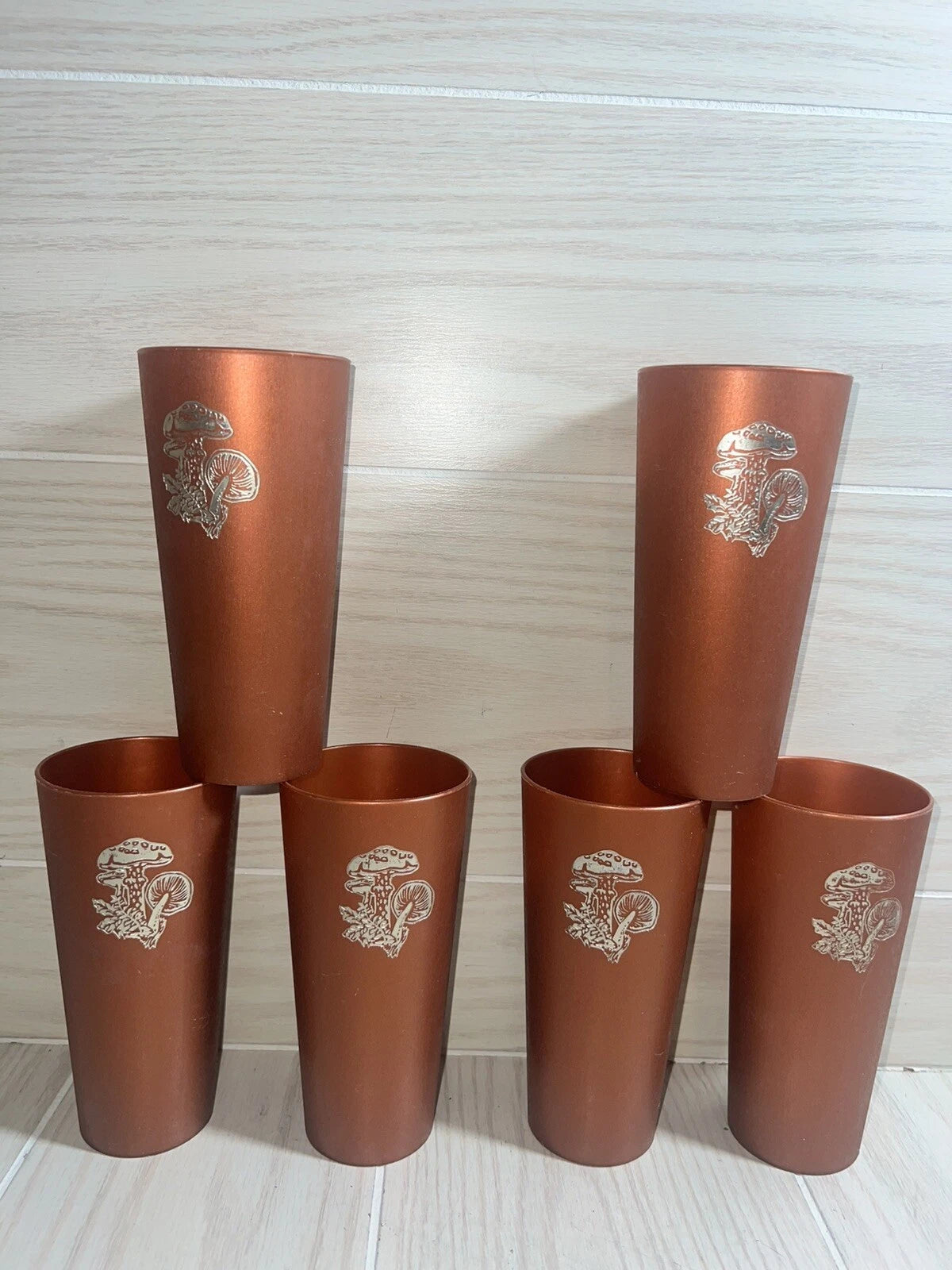 Nasco Mushroom Drinking Cups Glasses MCM Copper Brown Plastic Gold Vintage Set 5 | eBay