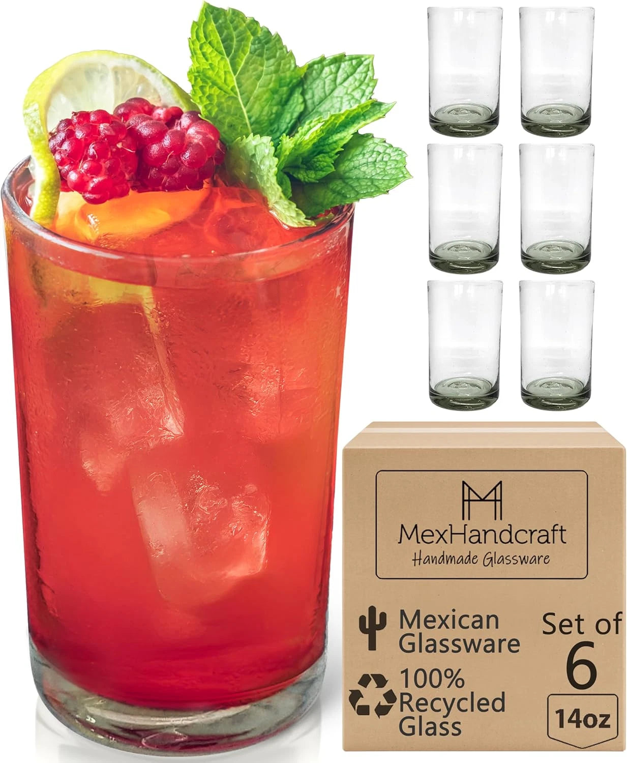 Clear 14 Oz Drinking Glasses (Set of 6), Hand Blown Mexican Glassware, Recycled | eBay