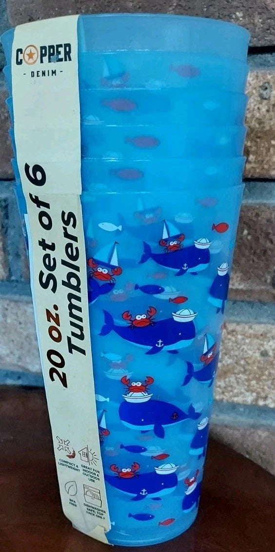 Plastic 20 Oz Drinking Glass Tumbler Set Blue Whales Boats Fish Crabs Ocean 6 | eBay