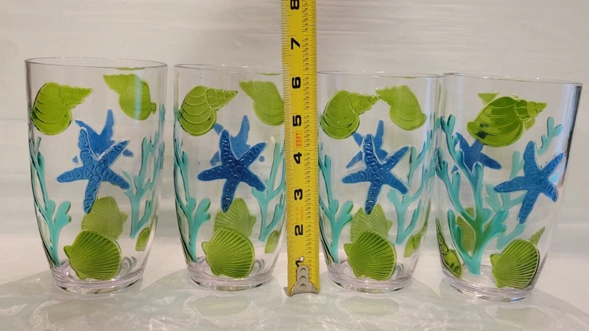 4ct Set Coastal Acrylic Tall Tumblers Seashells Drinking Cup Nautical Reef Blue | eBay