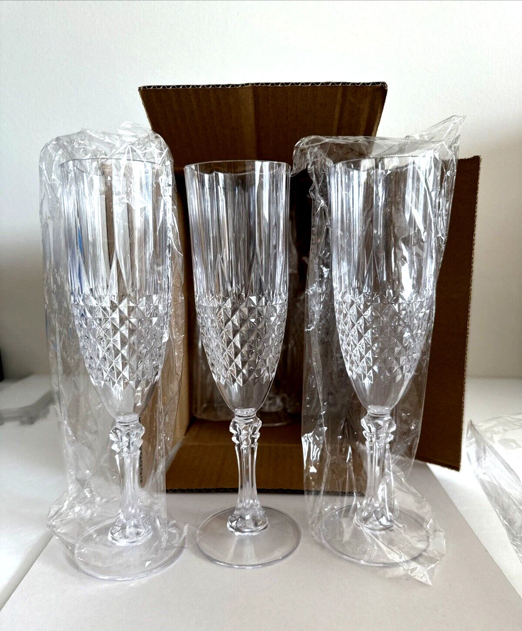Box of 6 Plastic Champagne Flutes 8 oz. Holiday Party Drink Crystal Cut Glasses | eBay
