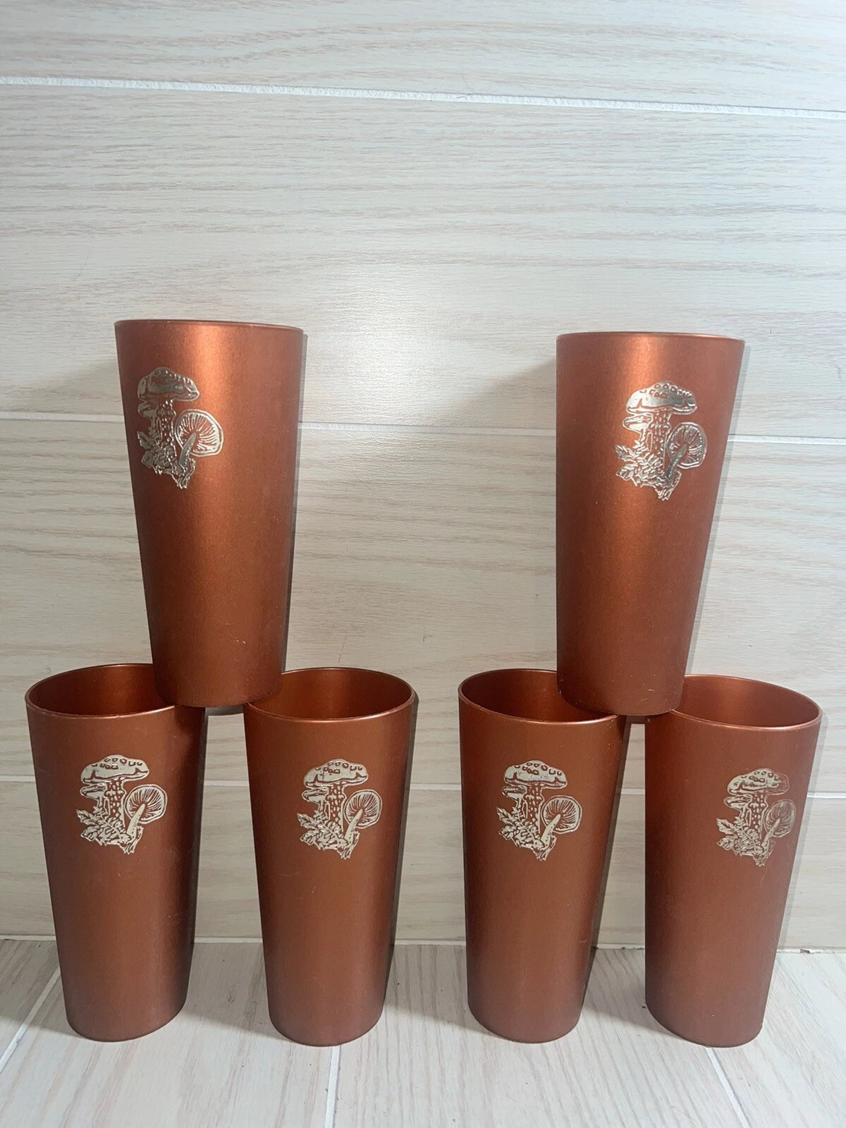 Nasco Mushroom Drinking Cups Glasses MCM Copper Brown Plastic Gold Vintage Set 5 | eBay