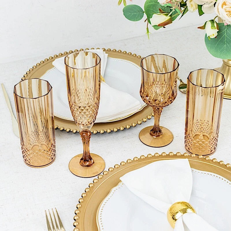 6 Amber Gold 14 oz Crystal Plastic Drinking Glasses Party Events Tableware | eBay