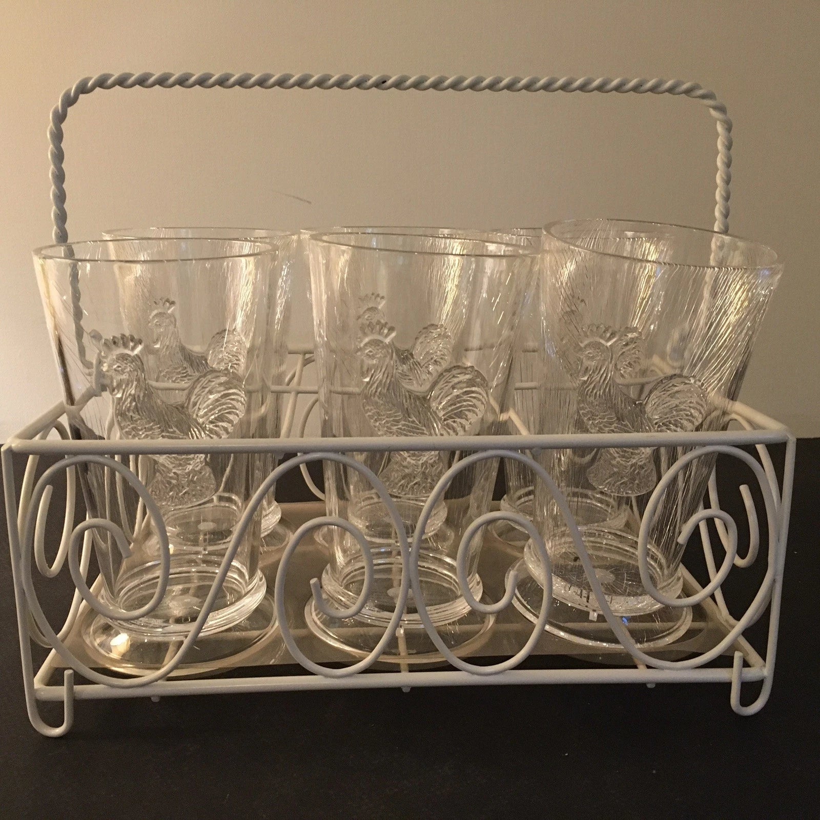 Set of 6 Hard Plastic Rooster Tumblers, Glasses in Coated Wire Caddy, Exc Cond | eBay