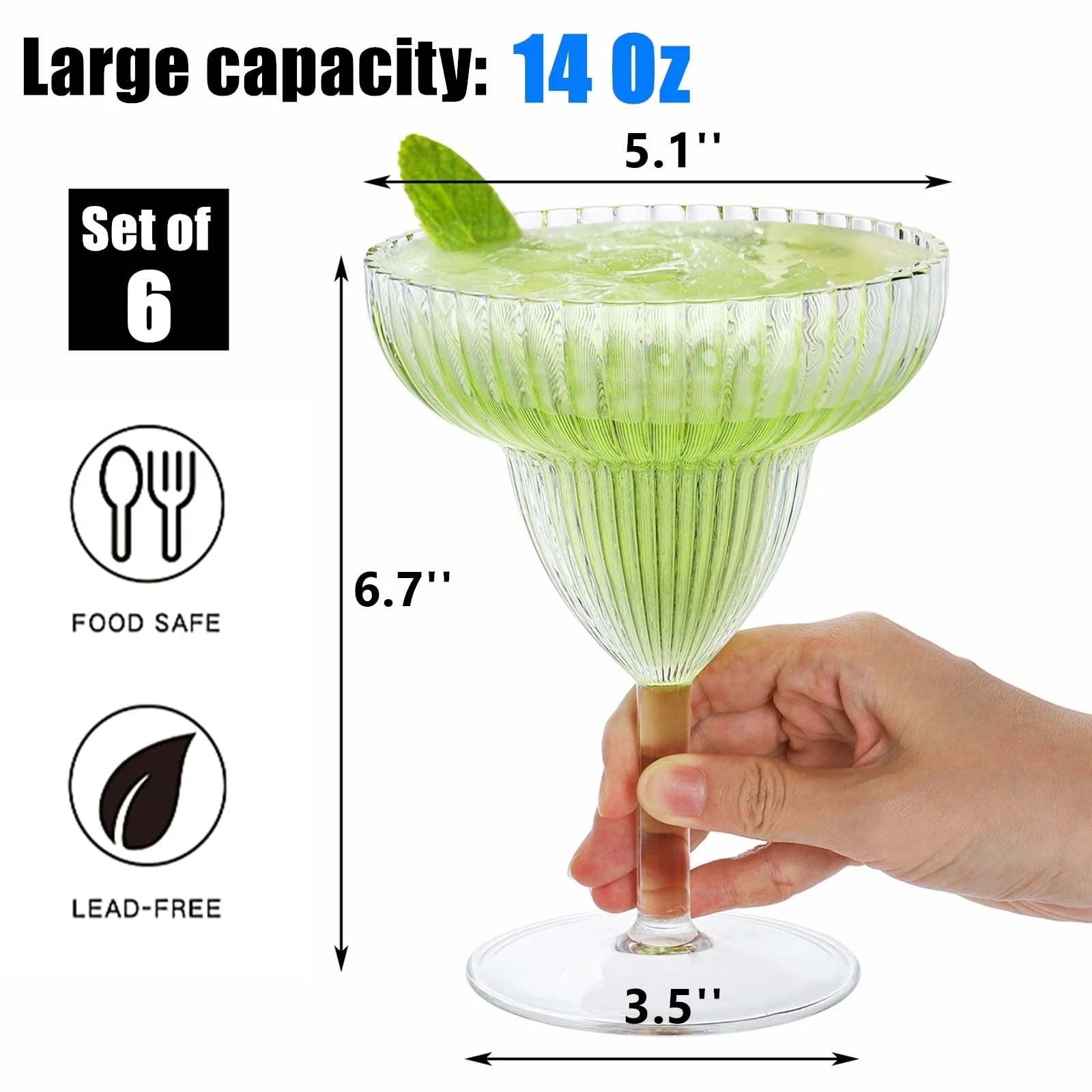 14 Oz Clear Acrylic Margarita Glasses Set of 6 - Plastic, Ribbed, Shatterproof | eBay