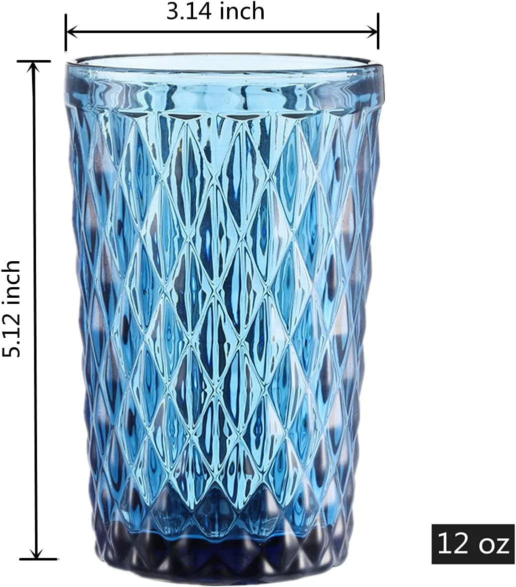 Blue Drinking Glass Set of 6 - Tumbler（12 Oz） Kitchen Glasses Diamond Glassware， | eBay