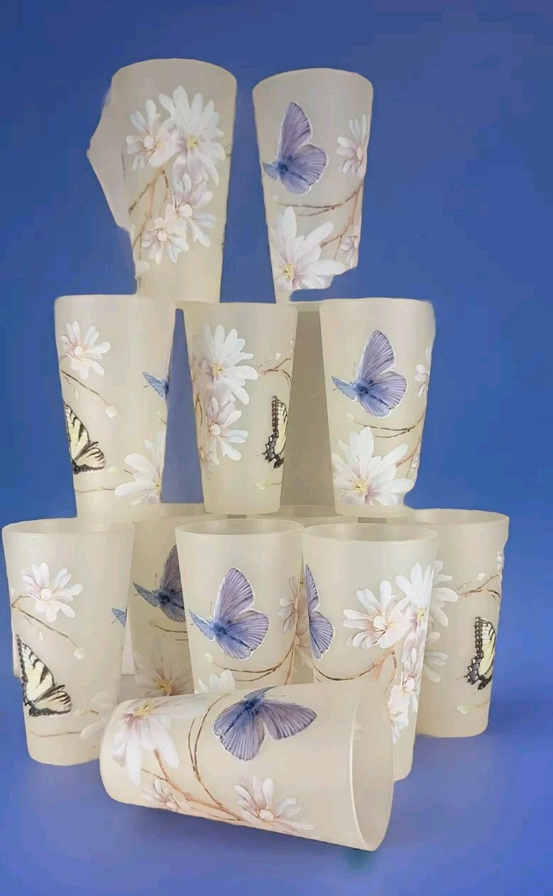 Drinkware 12 Pc Acrylic Set Frosted Tumblers Butterflies Flowers 12 Oz Summer | eBay