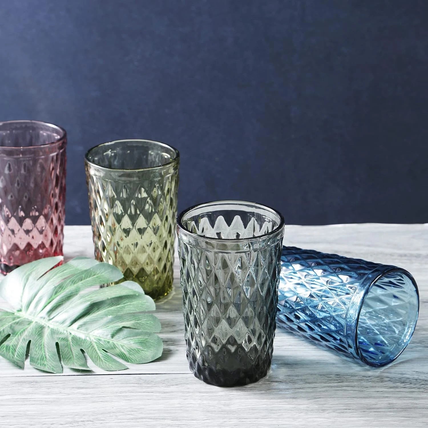 Blue Drinking Glass Set of 6 - Tumbler（12 Oz） Kitchen Glasses Diamond Glassware， | eBay