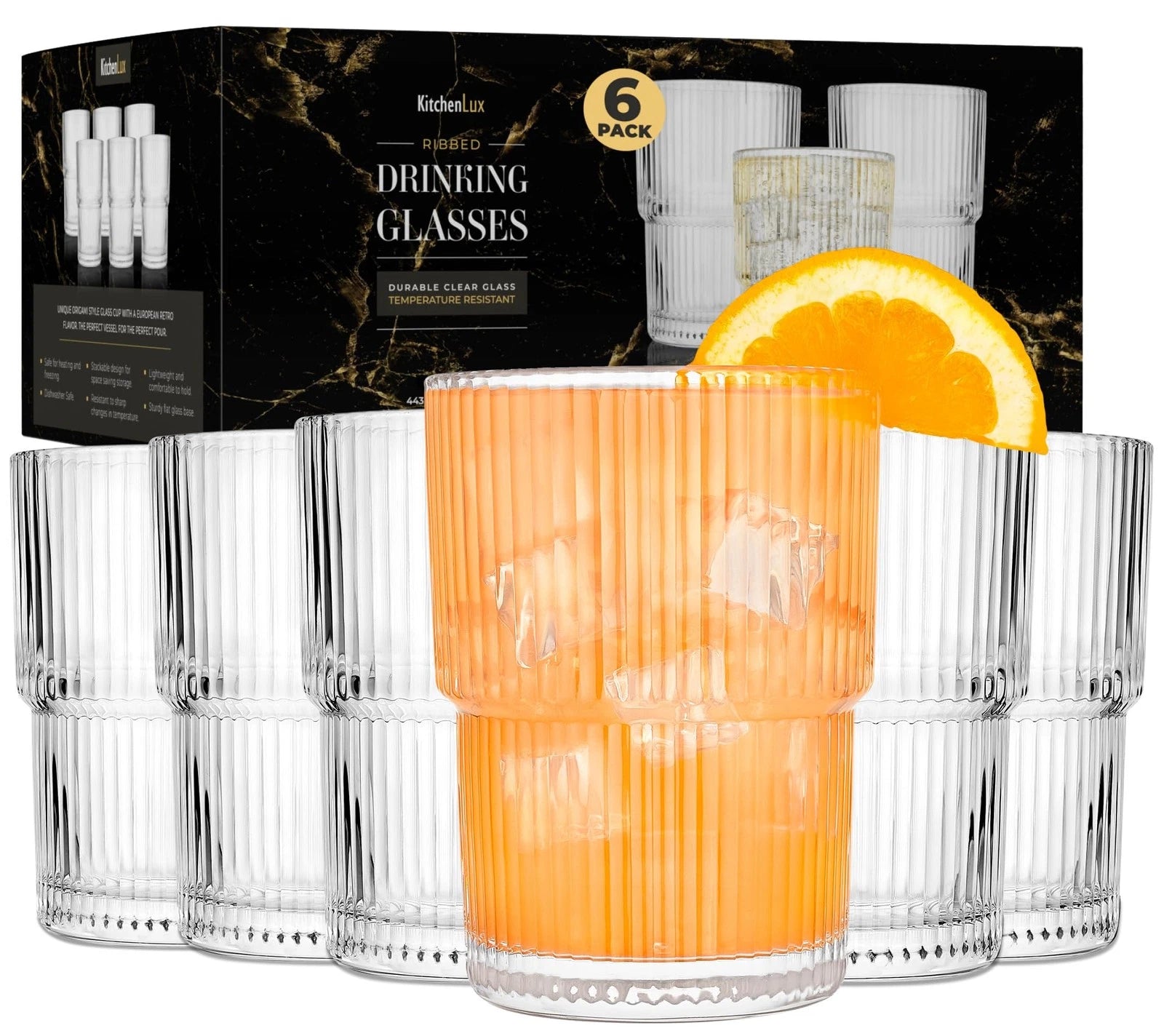 Ribbed Drinking Glasses - Ribbed Glass Cups 15 oz - Ribbed Glassware Set of 6... | eBay