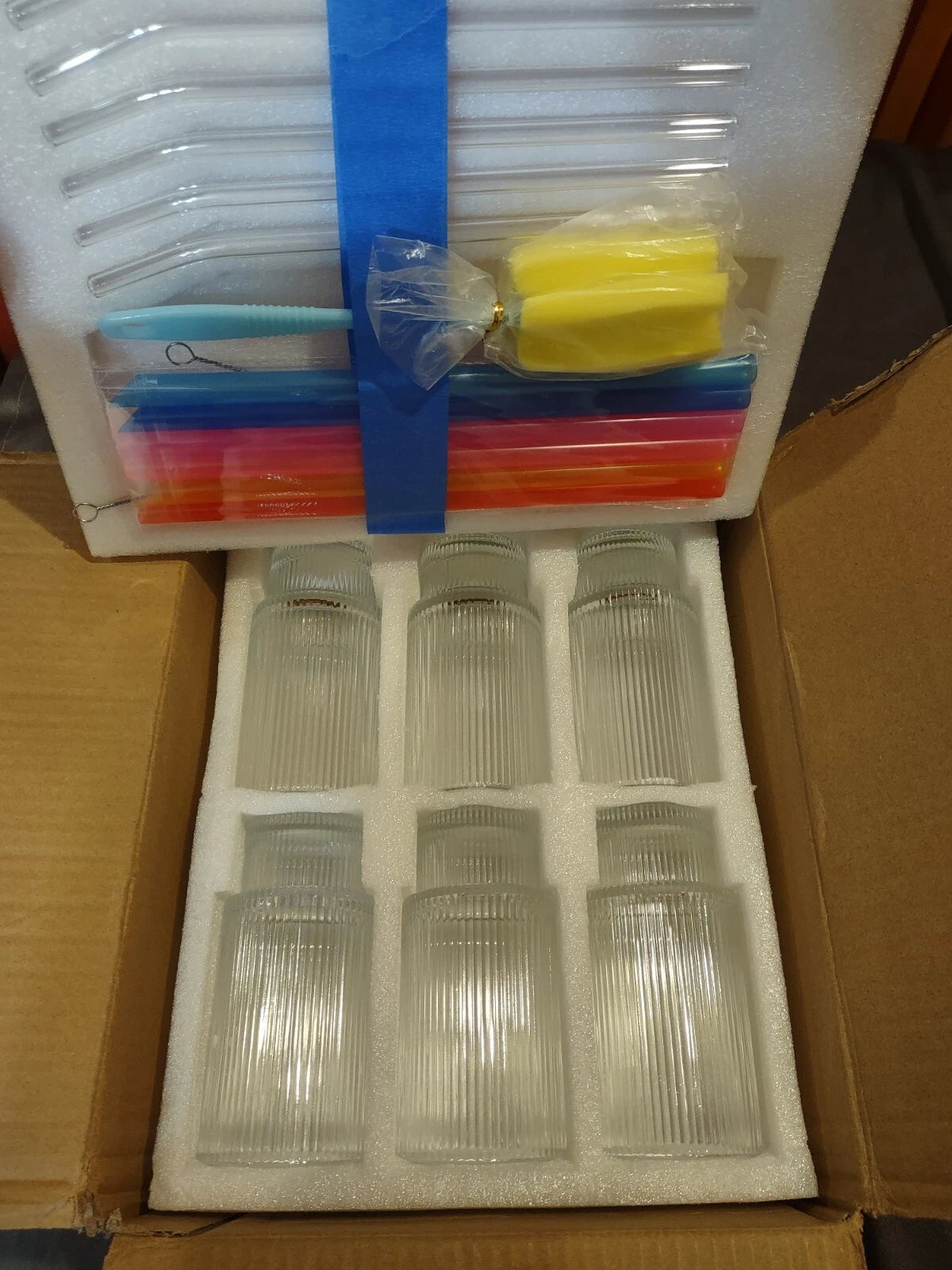 Moretoes ribbed glass drinking set. 12oz, set of 6, glass and plastic straws. | eBay
