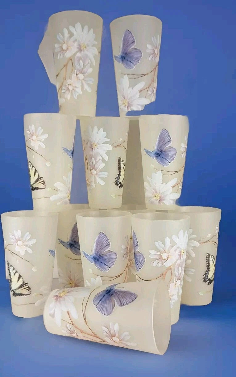 Drinkware 12 Pc Acrylic Set Frosted Tumblers Butterflies Flowers 12 Oz Summer | eBay
