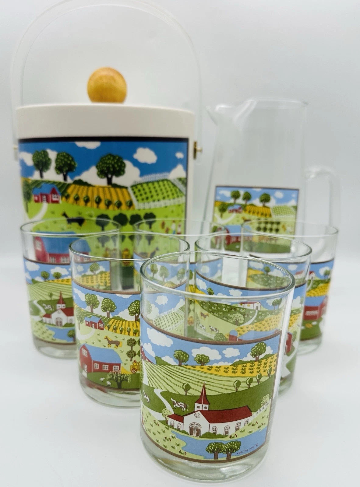 Rare Set Of Christine Graf Drinking Glasses Pitcher & Ice Bucket Cottage Decor | eBay