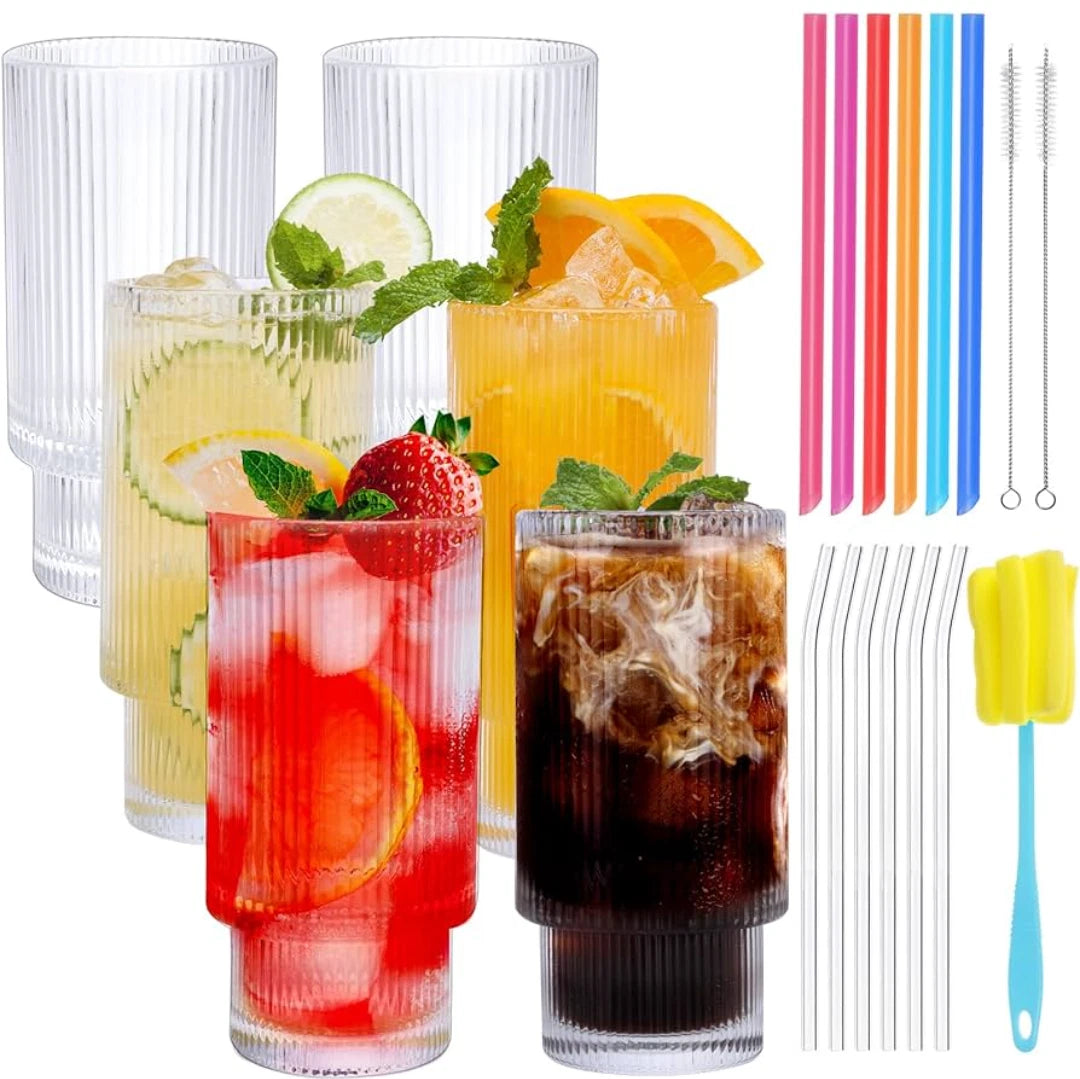 Moretoes ribbed glass drinking set. 12oz, set of 6, glass and plastic straws. | eBay
