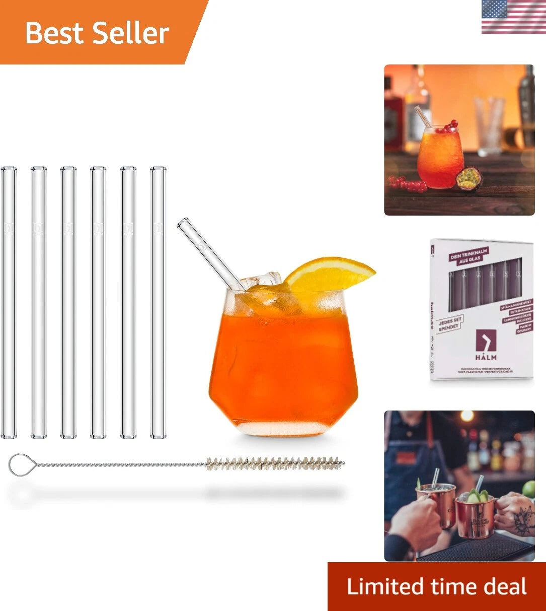 Set of 6 HALM Glass Drinking Straws - Short, Sturdy, Plastic-Free Cleaning Brush | eBay
