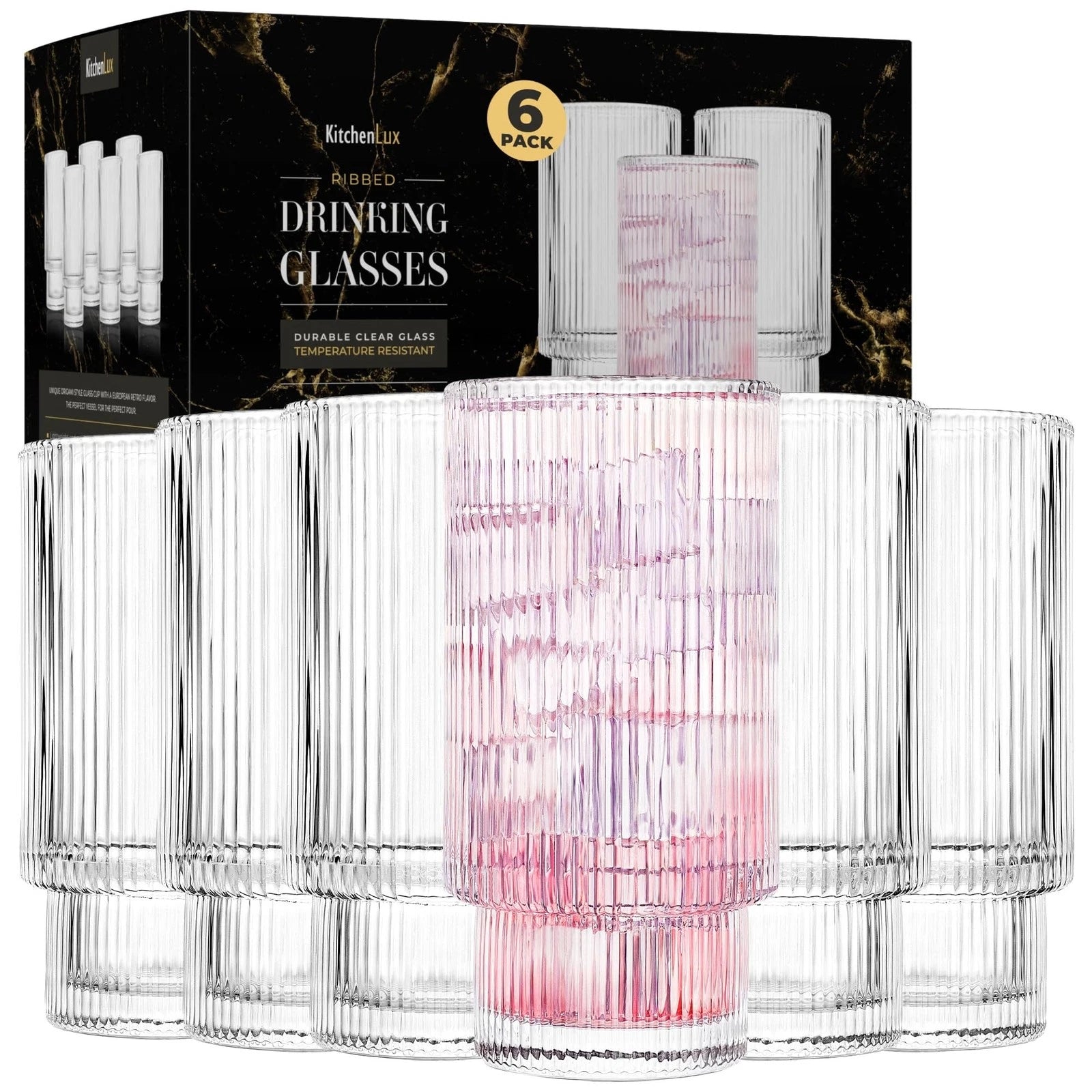 Ribbed Drinking Glasses - Ribbed Glass Cups 12 oz - Ribbed Glassware Set of 6... | eBay