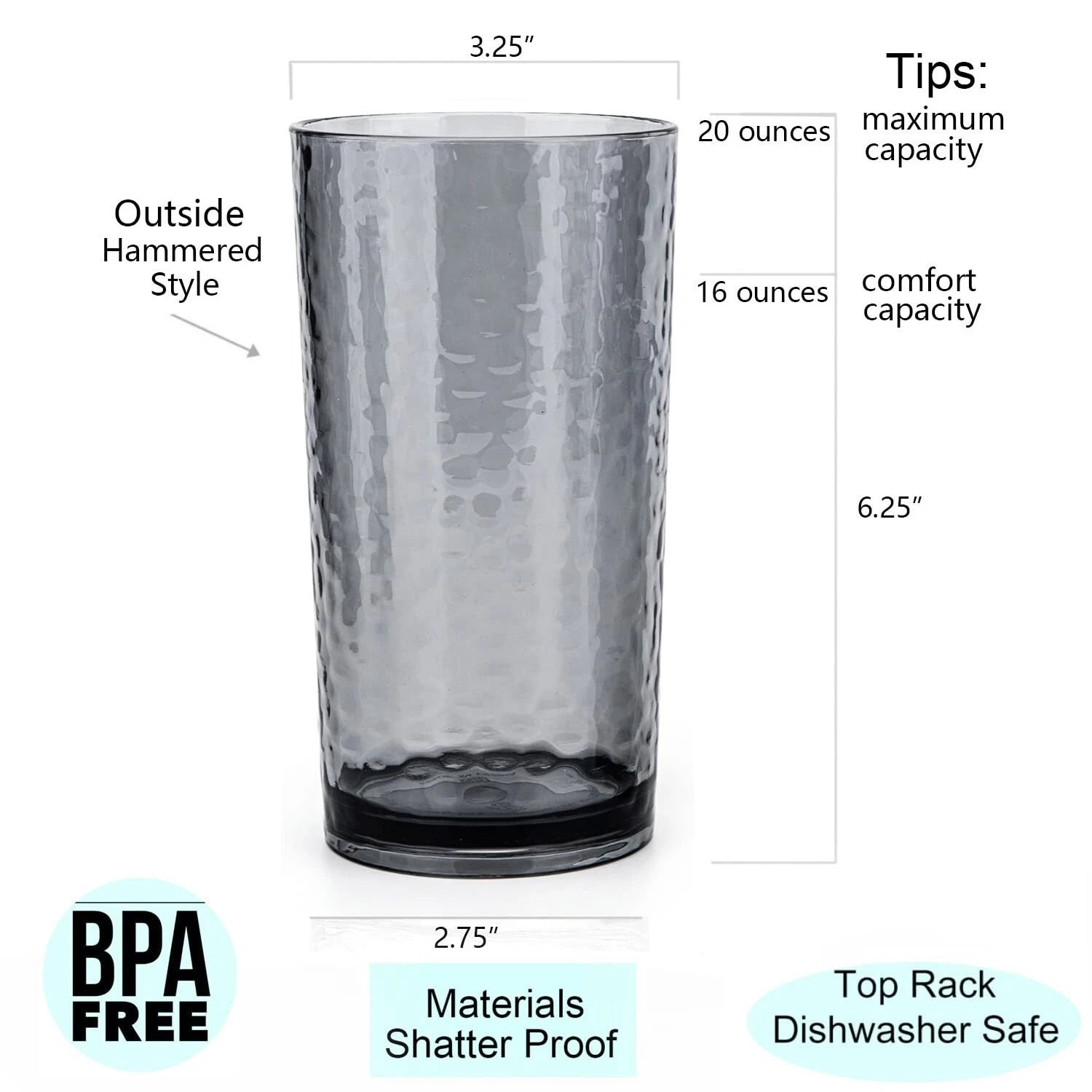 KX-WARE 20-ounce Acrylic Glasses Plastic Tumbler, set of 6 Smoky Grey - Hamme... | eBay